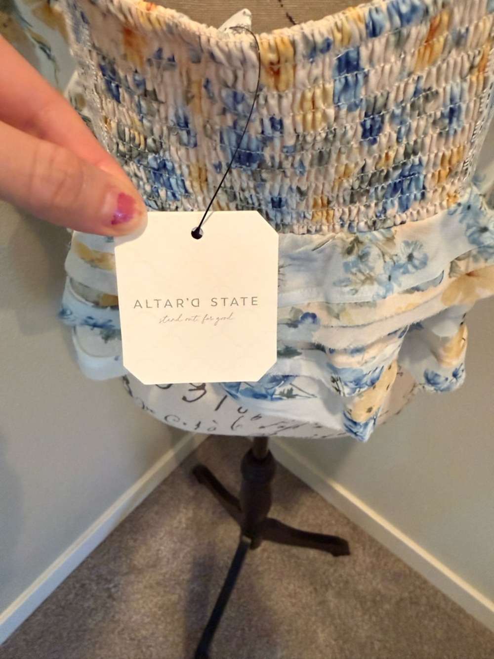 Altar'd State White Floral Ruffle V-Neck Blouse - Blue & Yellow - Picture 3 of 4